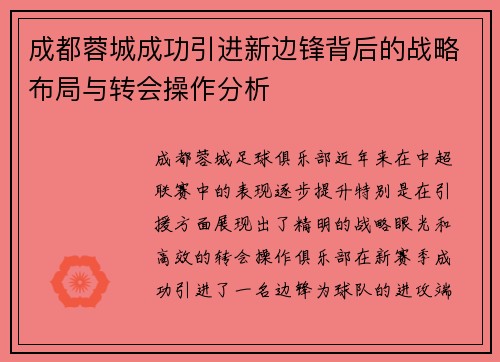成都蓉城成功引进新边锋背后的战略布局与转会操作分析