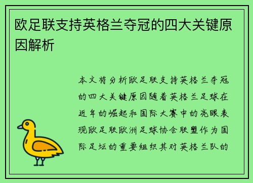 欧足联支持英格兰夺冠的四大关键原因解析