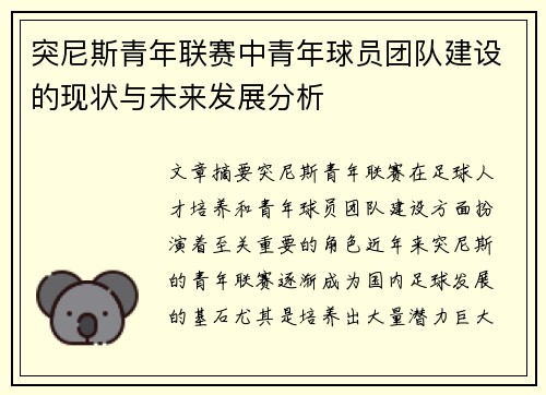 突尼斯青年联赛中青年球员团队建设的现状与未来发展分析
