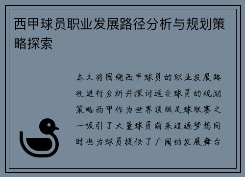 西甲球员职业发展路径分析与规划策略探索
