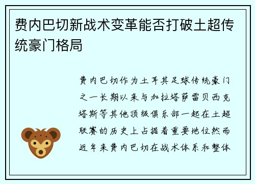 费内巴切新战术变革能否打破土超传统豪门格局
